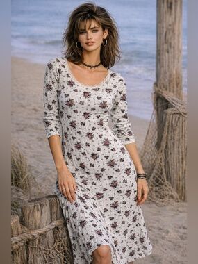 Vintage Floral Prairie Dress Cottagecore Lace Trim Fit Flare USA S/M